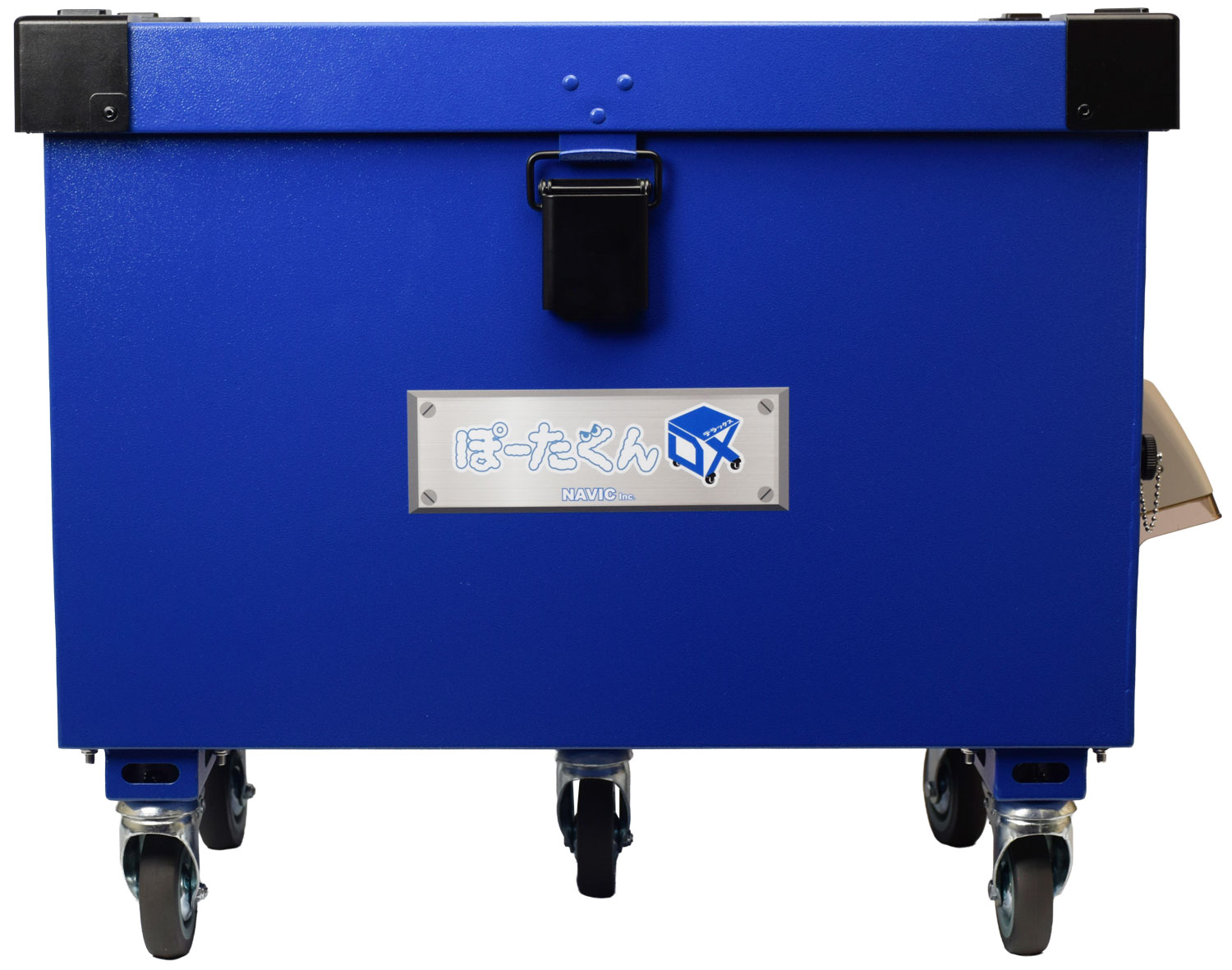A blue, metal and plastic travel cart with two wheels and a black handle is shown, featuring a silver logo with Chinese characters, ready for transportation.