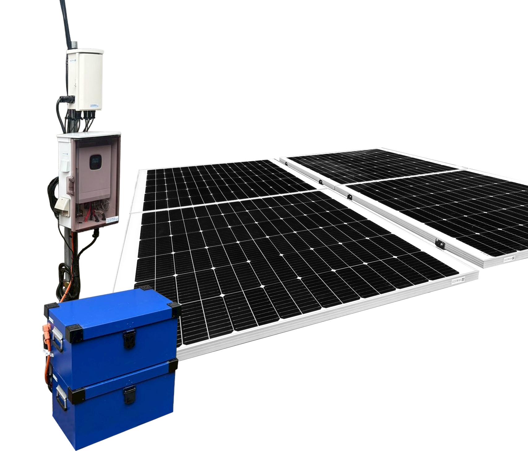 A solar panel system with two solar arrays, a white box with a gray power box, and a blue box with a red cord are displayed against a black background, with the solar arrays and box in the foreground and the box in the background.